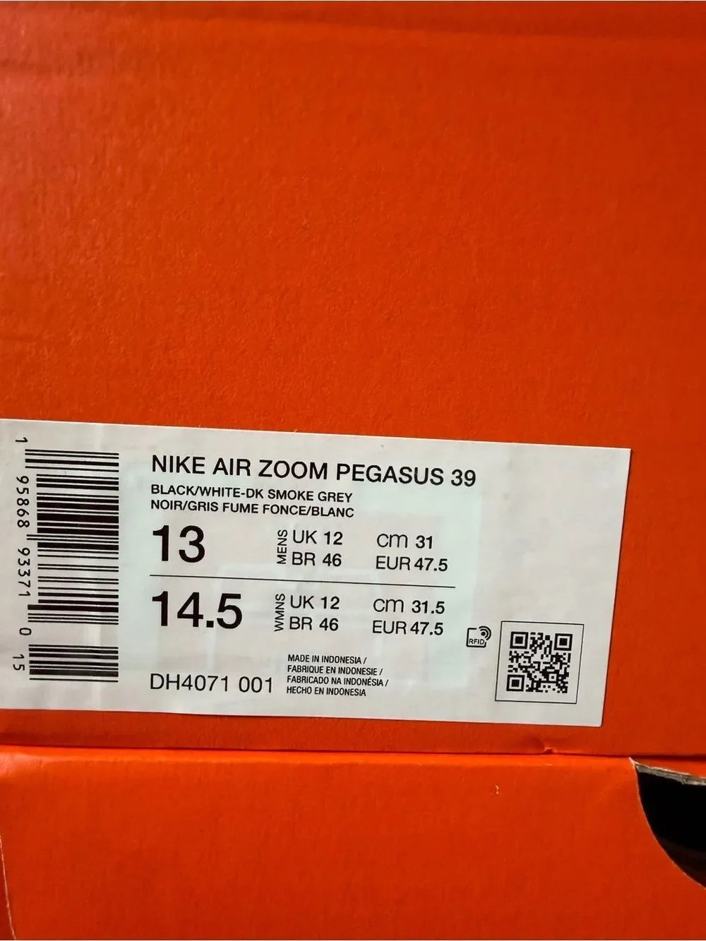 Nike Air Zoom Pegasus 39 Black White DH4071-001 Men’s Size 13